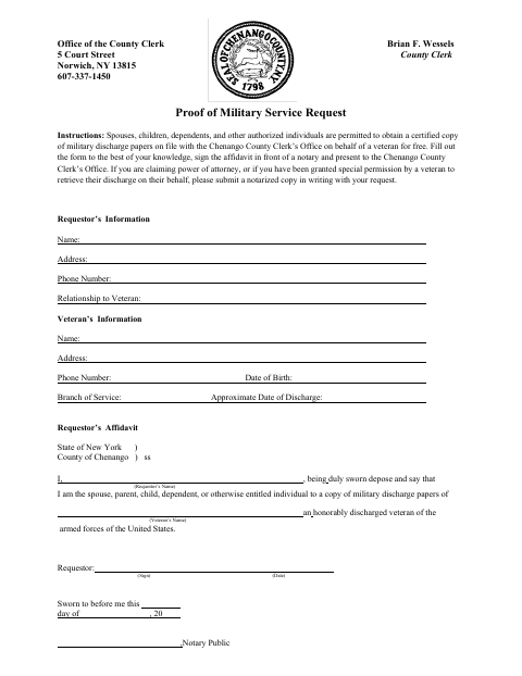 Proof of Military Service Request, Chenango County form, first page