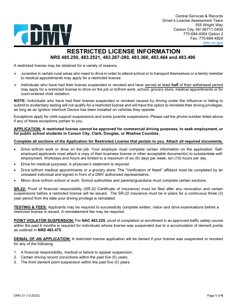 DMV-21 Application for Restricted License first page
