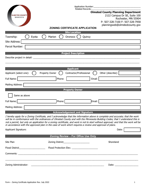 First page of the Zoning Certificate Application