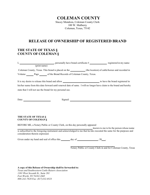 Release of Ownership of Registered Brand, Coleman County form, first page