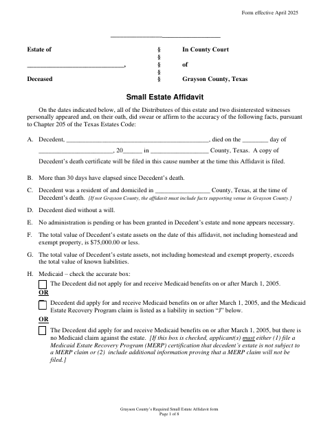 Small Estate Affidavit, Grayson County form, first page