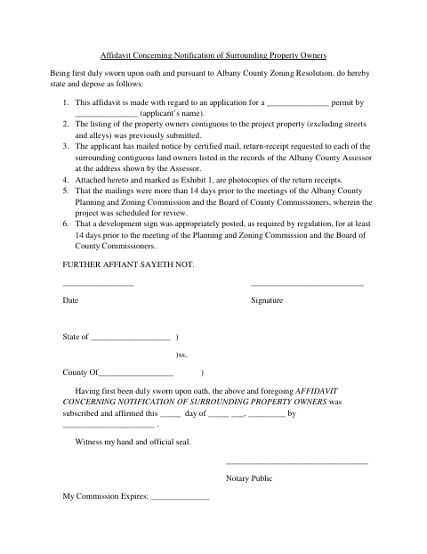Affidavit Concerning Notification of Surrounding Property Owners, Albany County form, first page