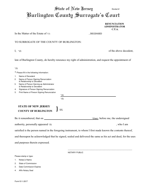 Renunciation of Administrator C.T.A., Burlington County form, first page