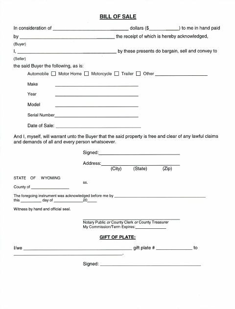 Bill of Sale, Teton County form, first page