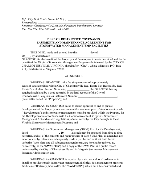 Deed of Restrictive Covenants, Easements and Maintenance Agreement for Stormwater Management/BMP Facilities, City of Charlottesville form, first page