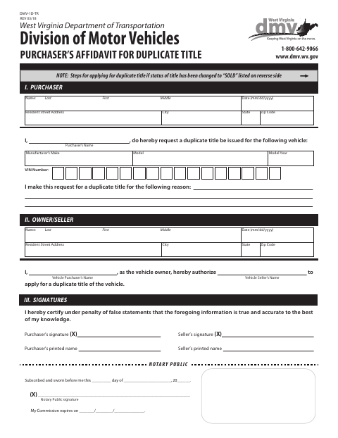 DMV-1D-TR Purchaser’s Affidavit for Duplicate Title first page