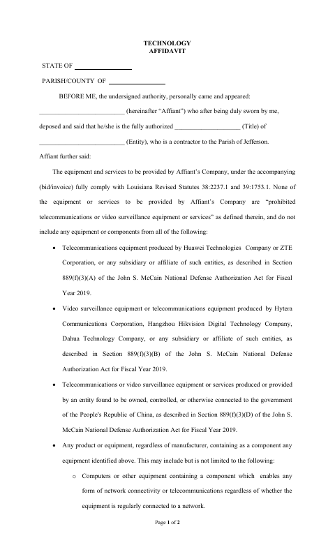 Technology Affidavit, Jefferson Parish form, first page