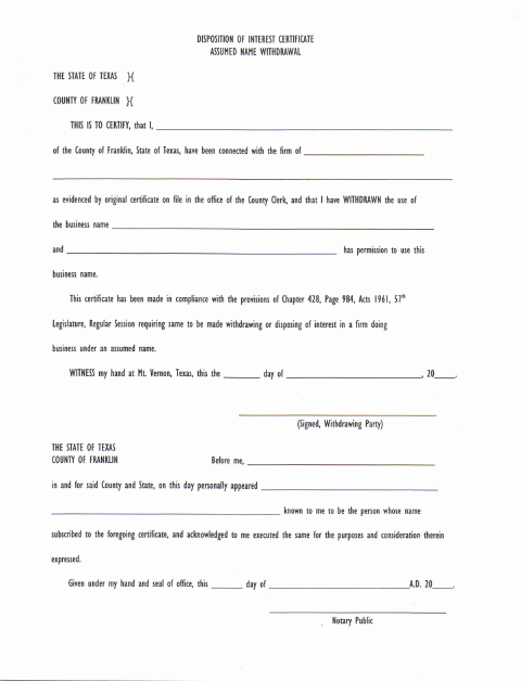 Assumed Name Withdrawal, Franklin County form, first page