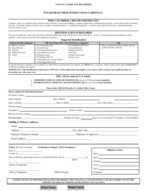 Death Certificate Application, Golden Valley County form, first page