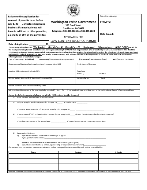 Application for Low Content Alcohol Permit, Washington Parish form, first page