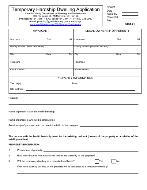 Temporary Hardship Dwelling Application, Yamhill County form, first page