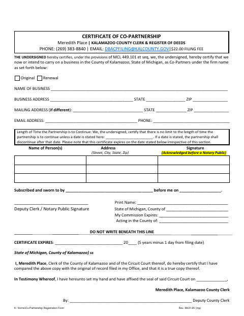 Certificate of Co-Partnership, Kalamazoo County form, first page