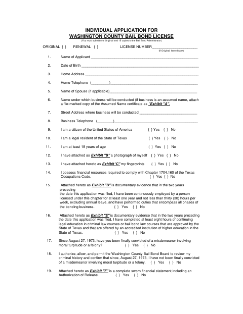 Bail Bond Individual Application, Washington County form, first page