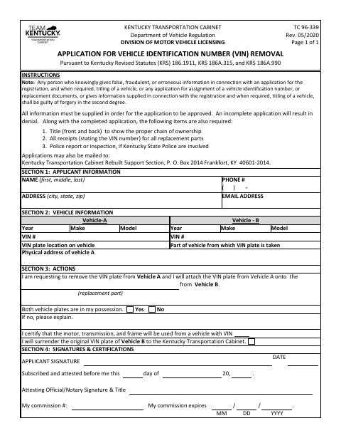 TC 96-339 Application for Vehicle Identification Number Removal first page