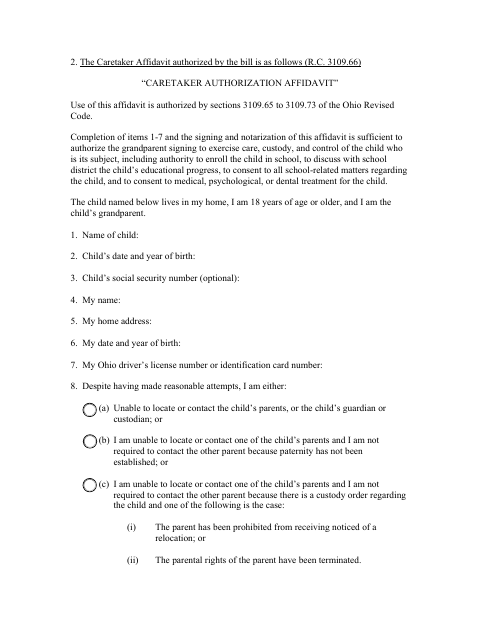 Caretaker Authorization Affidavit, Defiance County form, first page