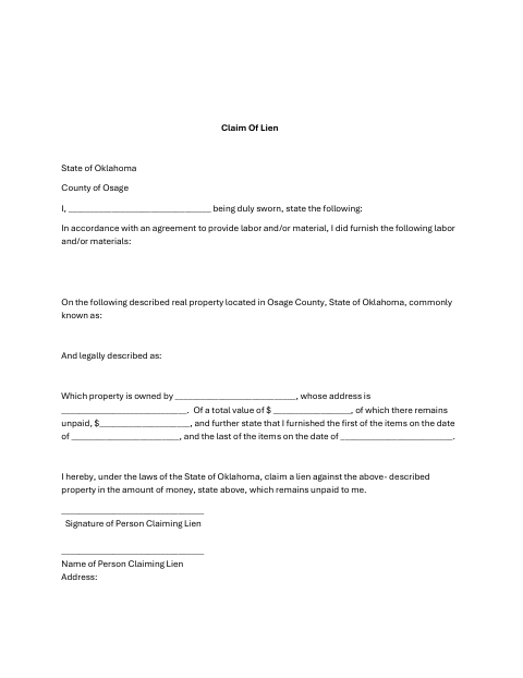 Claim Of Lien, Osage County form, first page