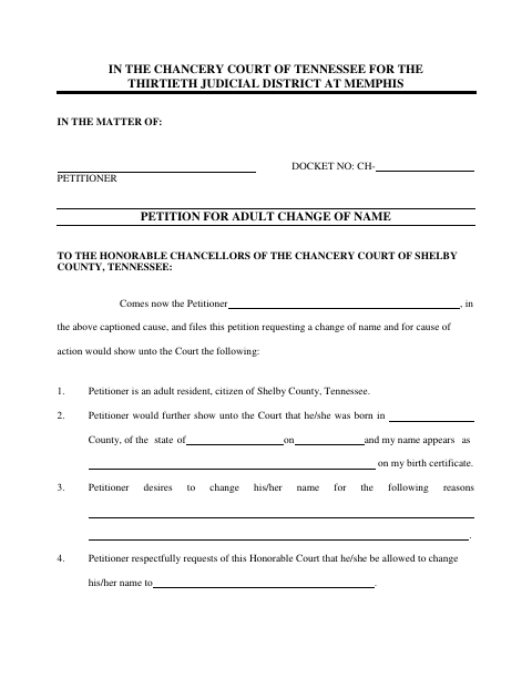 Petition for Adult Change of Name, Shelby County form, first page