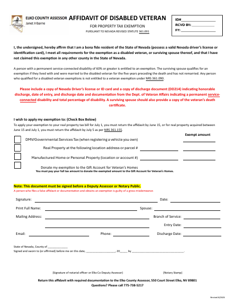 Affidavit of Disabled Veteran, Elko County form, first page