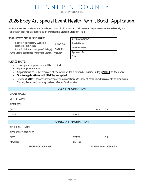 First page of the Body Art Special Event Health Permit Booth Application