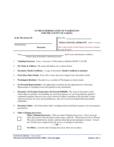 Small Estate Affidavit, Yakima County form, first page