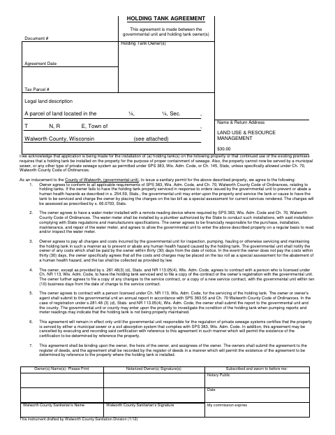 Holding Tank Agreement, Walworth County form, first page