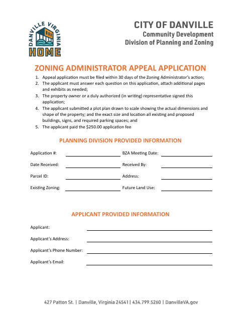 Zoning Administrator Appeal Application, City of Danville form, first page