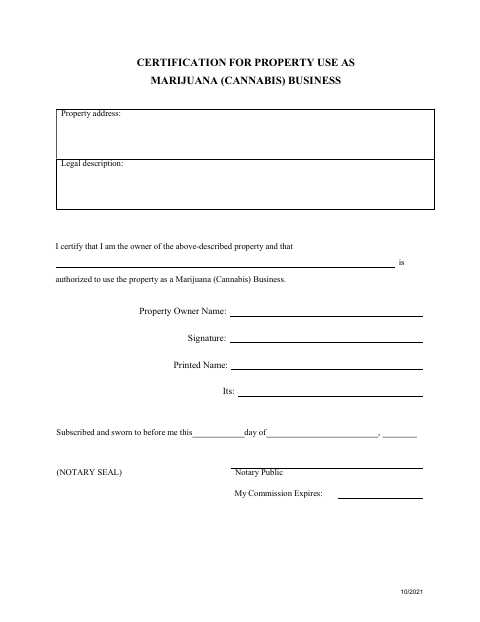 Certification for Property Use as a Cannabis Business, Pennington County form, first page