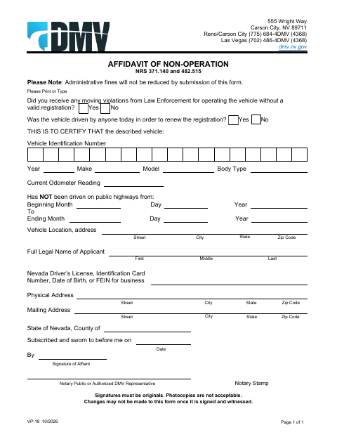 VP-18 Affidavit of Non-Operation first page