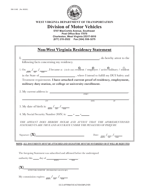 DMV-12-IND Non-West Virginia Residency Statement first page