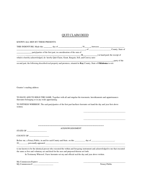 Quit Claim Deed, Kay County form, first page