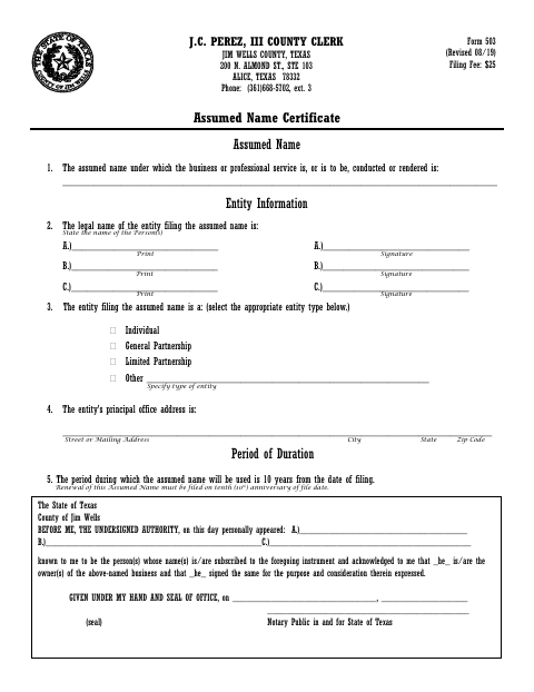 Assumed Name Certificate, Jim Wells County form, first page