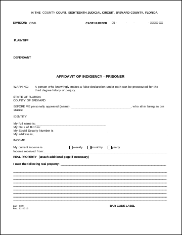 Affidavit of Indigency - Prisoner - Law 879-12 — Brevard County form, first page