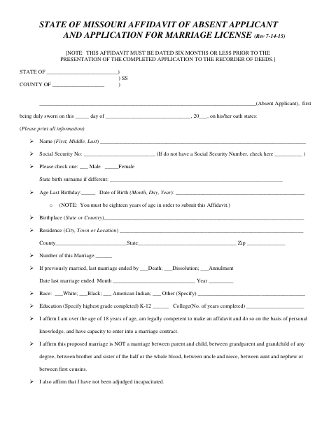 Affidavit of Absent Applicant and Application for Marriage License, Crawford County form, first page