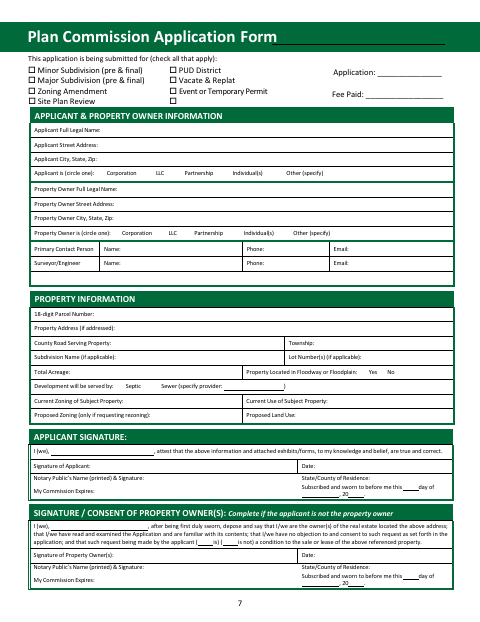 First page of the Plan Commission Application
