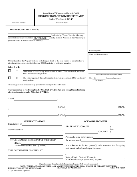 Designation of TOD Beneficiary, Outagamie County form, first page