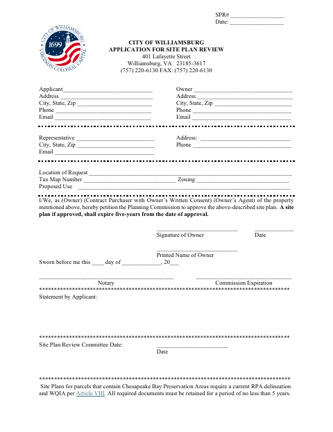 Application for Site Plan Review, City of Williamsburg form, first page