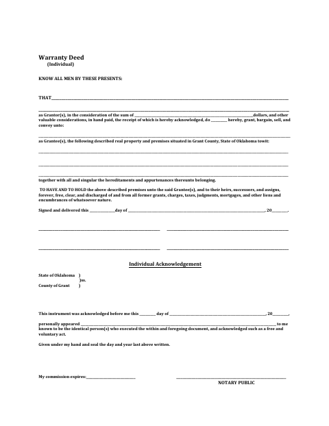Individual Warranty Deed, Grant County form, first page