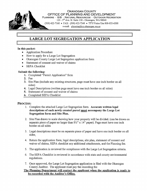 Large Lot Segregation Application, Okanogan County form, first page