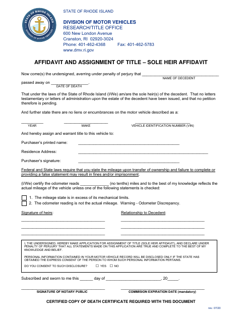 Sole Heir Affidavit and Assignment of Title first page