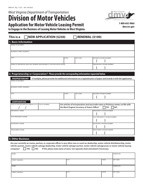 DMV-4L Application for Motor Vehicle Leasing Permit first page