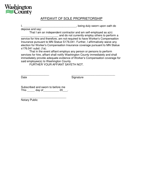 Affidavit Of Sole Proprietorship, Washington County form, first page