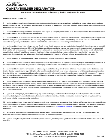 First page of the Owner/Builder Declaration