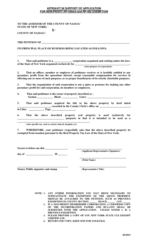 Affidavit in Support of Application for Non-Profit Exemption, Nassau County form, first page
