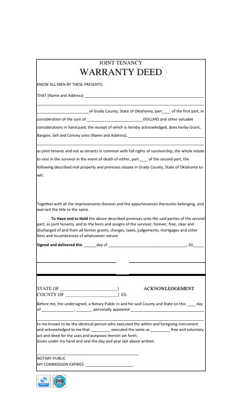 Joint Tenancy Warranty Deed, Grady County form, first page