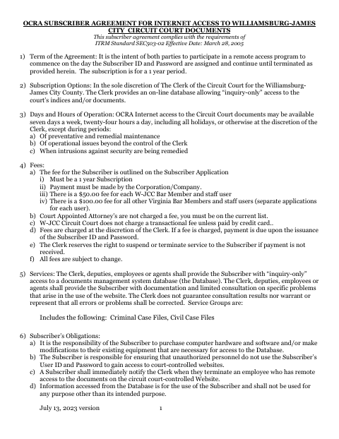OCRA Subscriber Agreement for Internet Access to Court Documents, James City County form, first page