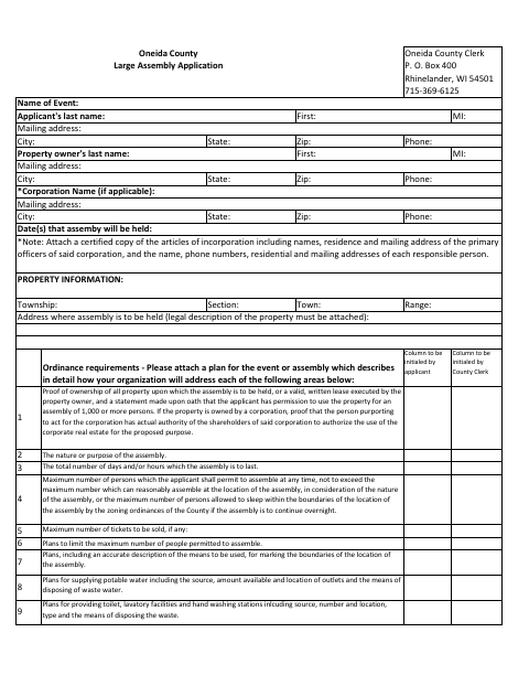 Large Assembly Application, Oneida County form, first page