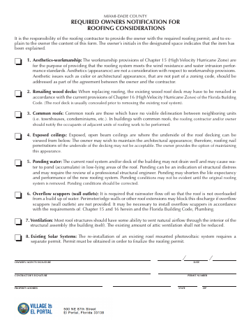 First page of the Required Owners Notification for Roofing Considerations