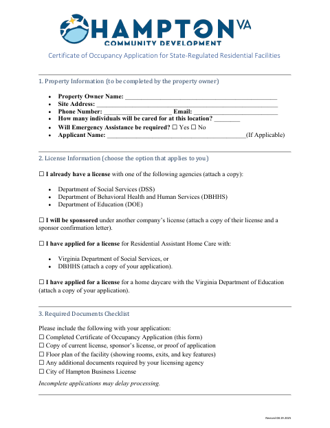 Certificate of Occupancy Application for State-Regulated Residential Facilities, City of Hampton form, first page