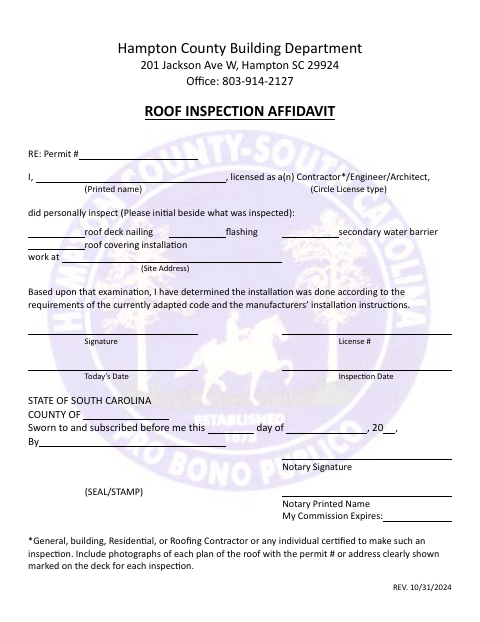 Roof Inspection Affidavit, Hampton County form, first page