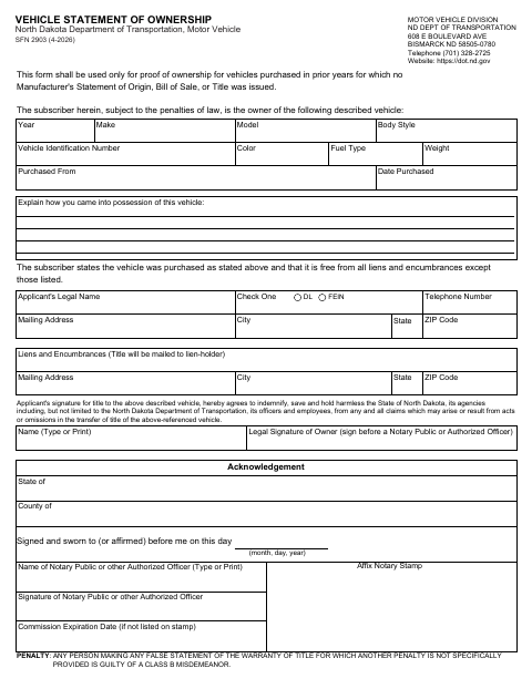 SFN 2903 Vehicle Statement of Ownership first page